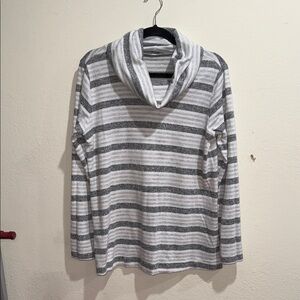 Gray and White Striped Cowl Neck Sweater